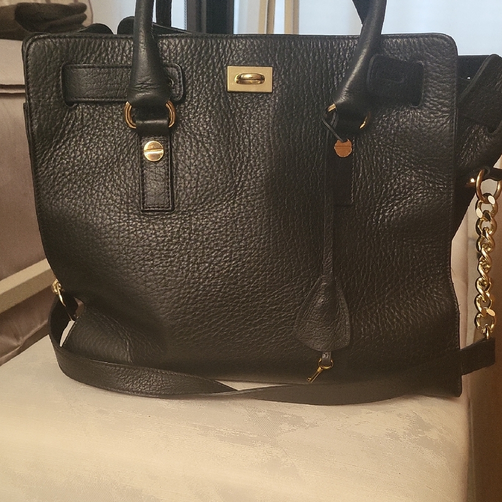 Chic Black Textured Tote Bag with Gold Accents